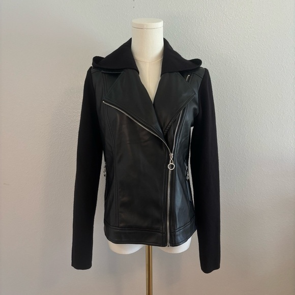 Joie Jackets & Blazers - Joie Mixed Media Moto Jacket XS – Black Faux Leather & Knit Hooded Biker Style
